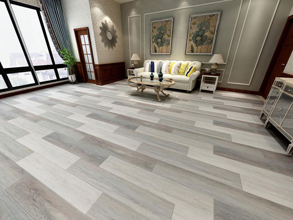 Light wood-look SPC flooring installed in a modern apartment living room
