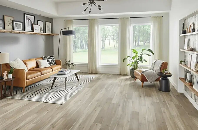 Wood-look vinyl flooring installed in a bright interior
