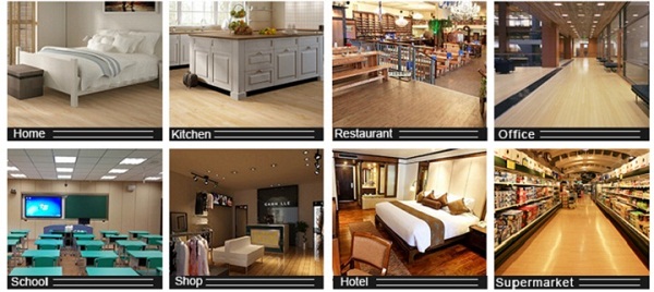 SPC flooring application examples including home, kitchen, office, hotel and retail interiors