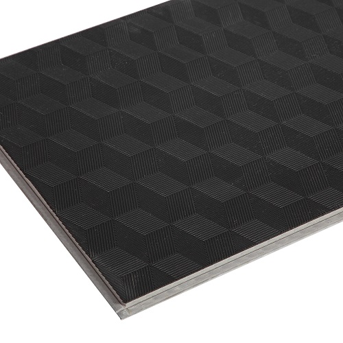 SPC flooring plank with black attached acoustic backing