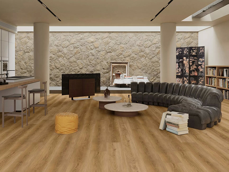Wood look fire resistant SPC flooring in a modern commercial style interior